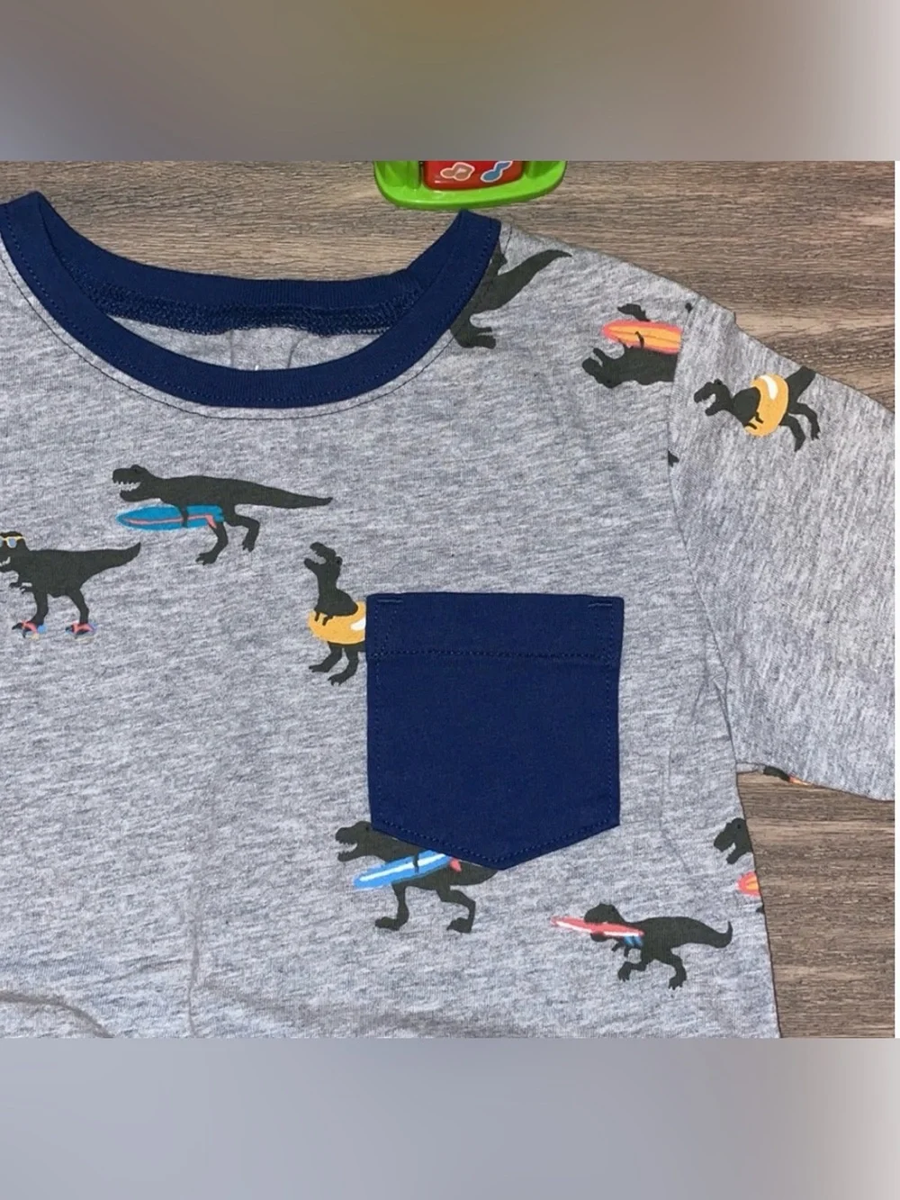 Carter's Gray Tee with Navy Pocket & Surfing Dino Print